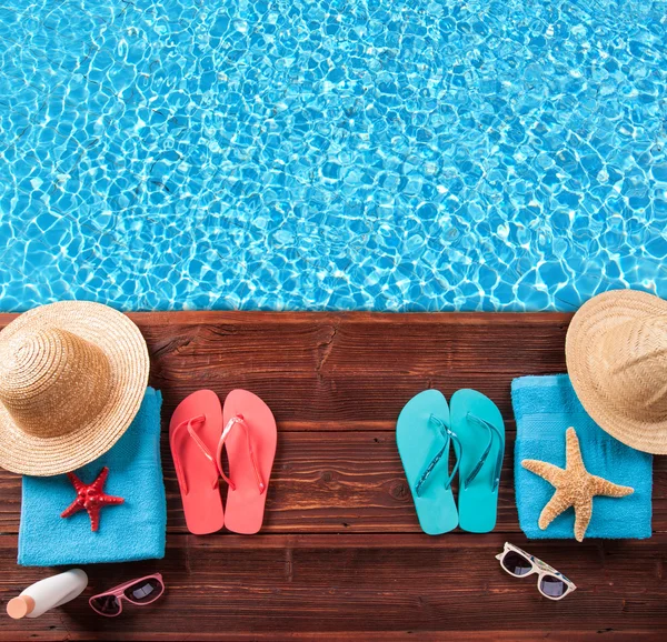 Swimming accessories on wood — Stock Photo, Image