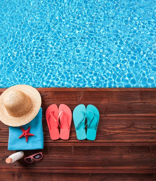 Swimming accessories on wood — Stock Photo, Image