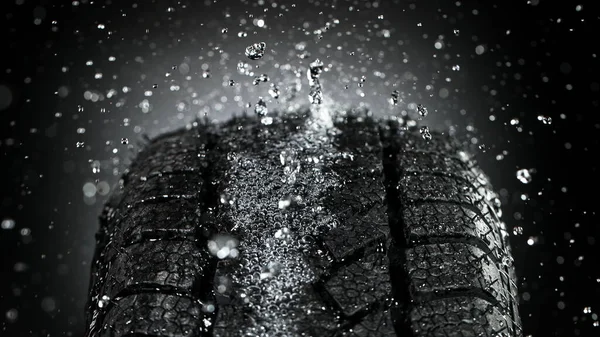 Car Tire Splashing Water Detail Macro Photo Weather Concept Studio — Stock Photo, Image