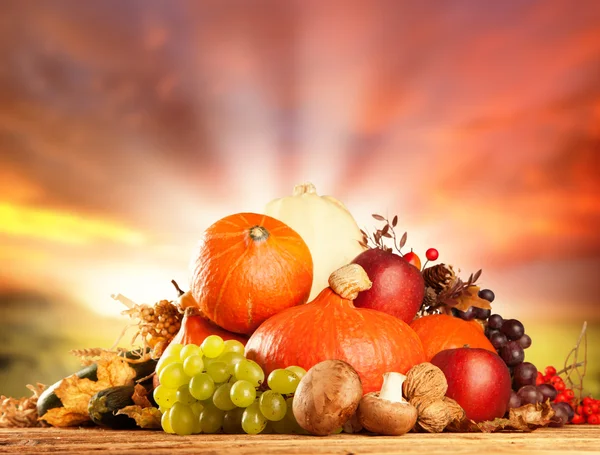 Herbst geerntetes Obst und Gemüse auf Holz — Stockfoto