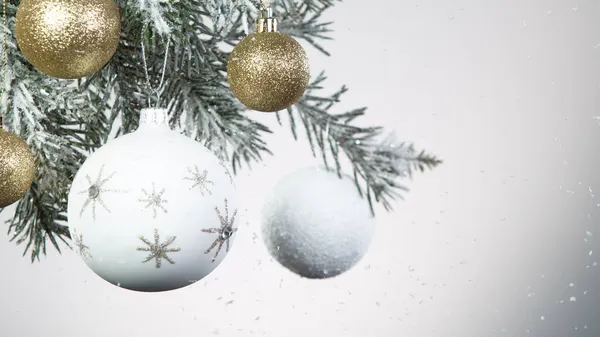 Julbollar Hängande Snöig Gran Semester Och Fest Bakgrund — Stockfoto