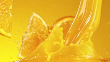 Süper yavaş çekimde portakal suyu dökülüyor.