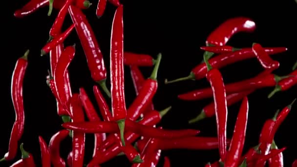 Super Slow Motion Shot van vliegende verse chili pepers. — Stockvideo