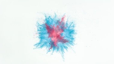 Beyaz arka planda izole edilmiş süper yavaş renkli barut patlaması. Yüksek hızlı sinema kamerası, 1000fps.
