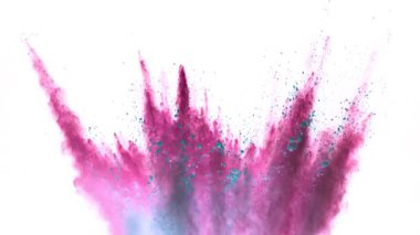 Beyaz arka planda izole edilmiş süper yavaş renkli barut patlaması. Yüksek hızlı sinema kamerası, 1000fps.