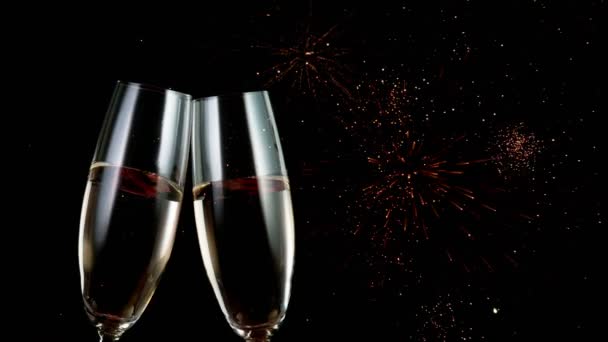Super Slow Motion Having Toast Two Champagne Glasses Glittering Particles — Stock Video