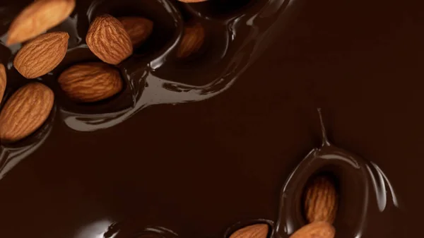 Nahaufnahme Fallender Mandeln Dunkle Geschmolzene Schokolade Ansicht Von Oben — Stockfoto