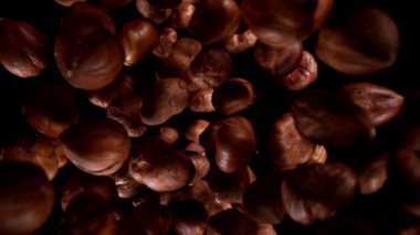 Düşen fındıkların süper yavaş çekimi, geniş süper makro çekim. Siyah arka planda izole edilmiş. Yüksek hızlı sinema kamerası, 1000fps.