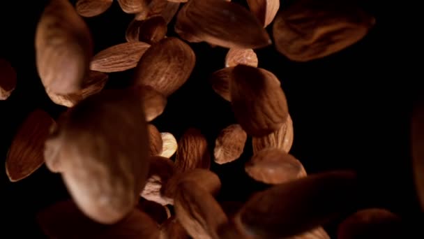 Super Slow Motion Falling Almonds Pieces Wide Super Macro Shot — Stock Video