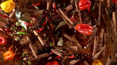 Siyah arka planda izole edilmiş çeşitli baharatların uçuşunu dondur. Stüdyo çekimi.