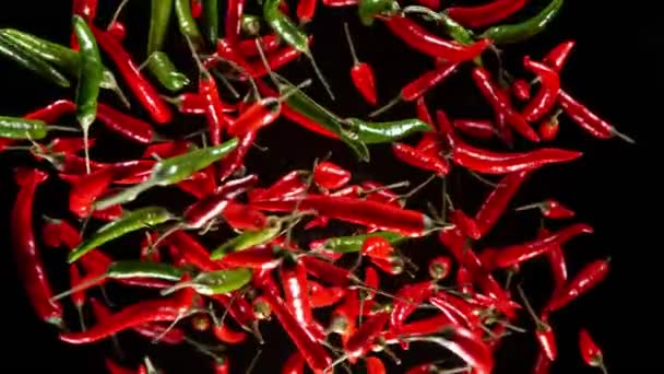 Super Slow Motion Flying Colored Hot Chilli Peppers Isolated Black — Vídeo de Stock