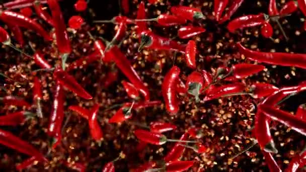 Super Zpomalený Pohyb Létání Červené Horké Chilli Papričky Izolované Černém — Stock video