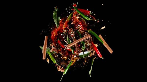 Freeze Motion Flying Mix Spice Black Background Concept Flying Food — 图库照片