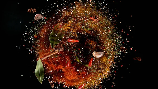 Freeze Motion Flying Mix Spice Black Background Concept Flying Food — 图库照片