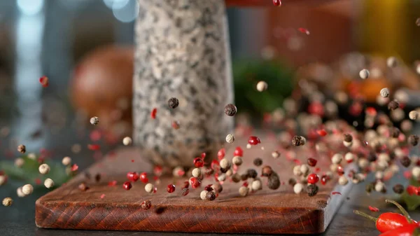 Freeze Motion Crushing Pepper Balls Mortar Pestle Concept Flying Food — Stock Photo, Image