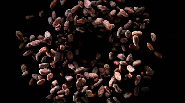Freeze Motion Flying Group Cocoa Beans Isolated Black Background — Photo