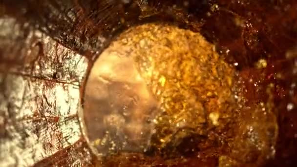 Super Slow Motion Pouring Whiskey Rum Cognac Barrel Filmed High — Stock video