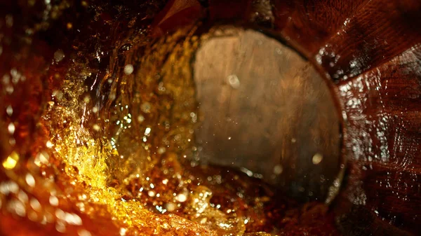 Freeze Motion Splashing Whisky Wooden Barrel Concept Pouring Whisky Rum — Stock Photo, Image