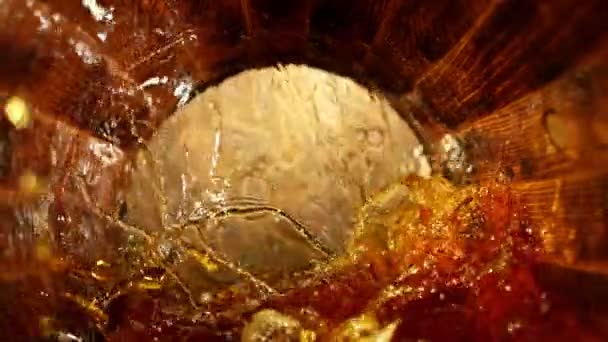 Super Slow Motion Pouring Whiskey Rum Cognac Barrel Filmed High — Stockvideo