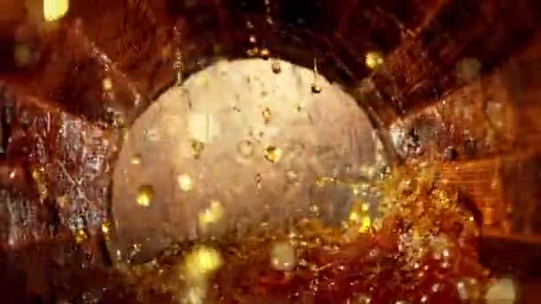 Super Slow Motion Pouring Whiskey Rum Cognac Barrel Filmed High — Wideo stockowe