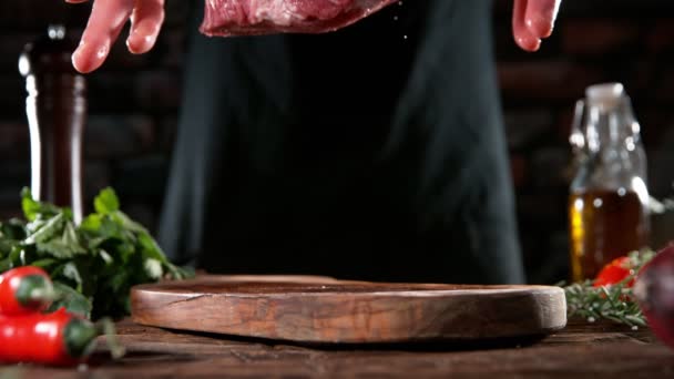 Flying Piece Raw Beef Steak Falling Cutting Board Meat Preparation — Stock Video