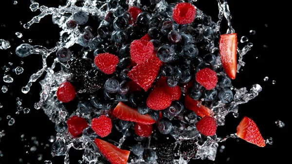 Freeze Motion Berries Water Splash Isolated Black Background — Stock Photo, Image