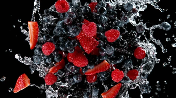 Freeze Motion Berries Water Splash Isolated Black Background — Stock Photo, Image