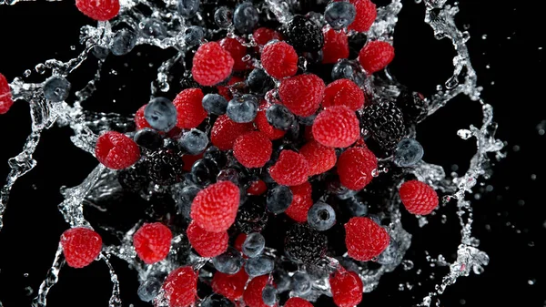 Freeze Motion Berries Water Splash Isolated Black Background — Stock Photo, Image