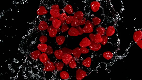 Freeze Motion Raspberries Water Splash Isolated Black Background — Stock Photo, Image