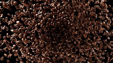 Siyah arka planda izole edilmiş, hortum şeklinde uçan kahve çekirdekleri hareketsiz..