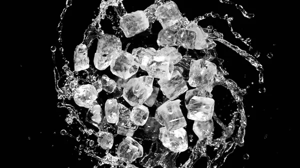 Freeze Motion Flying Ice Cubes Isolated Black Background — Stock Photo, Image