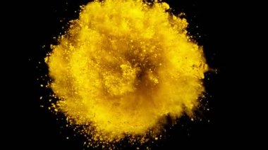 Siyah arkaplanda izole edilmiş renkli barut dönüşünün süper yavaş çekimi. Yüksek hızlı sinema kamerası, 1000fps.