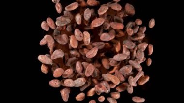 Kavrulmuş kakao çekirdeklerinin havada uçuşması çok yavaş bir hareket. Yüksek hızlı sinema kamerası, 1000fps.