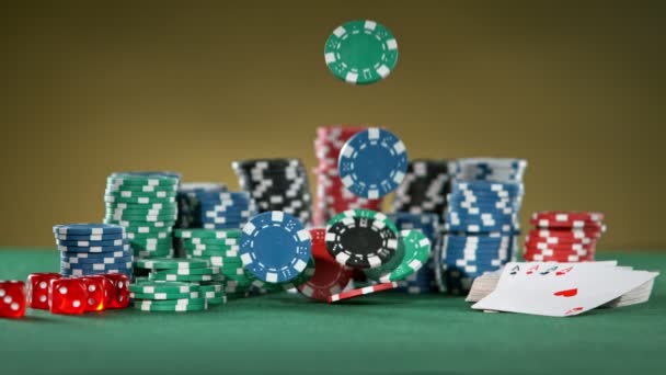 Super Slow Motion Caduta Poker Chips Girato Cinepresa Alta Velocità — Video Stock