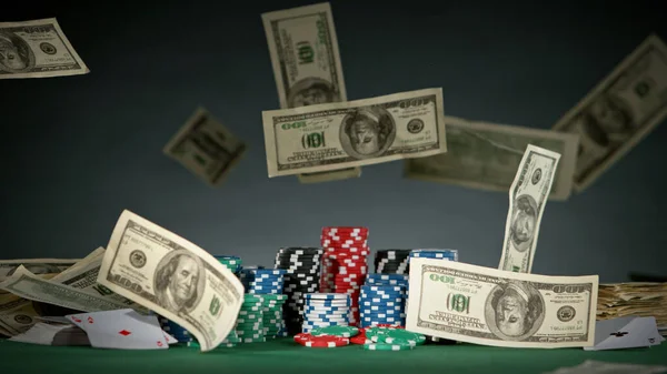 Falling dollars banknotes on the table, macro shot. Casino and gambling concept.
