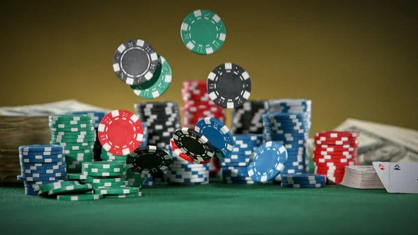 Fallende Pokerchips Auf Dem Tisch Makroschuss Casino Und Glücksspielkonzept — Stockfoto