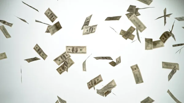 Honderd Dollar Bankbiljetten Vliegen Een Witte Achtergrond Geld Regen Concept — Stockfoto