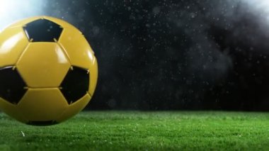 Çimlerde yuvarlanan futbol topunun süper yavaş çekimi. Yüksek hızlı sinema kamerası, 1000fps.