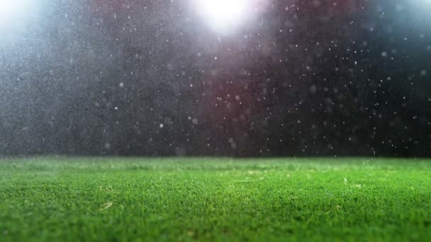 Superzeitlupe Des Regens Auf Dem Fußballplatz Gefilmt Mit High Speed — Stockvideo