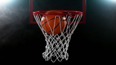 Basketbol topunun sepete vuruşunun süper yavaş çekimi. Yüksek hızlı sinema kamerası, 1000fps.