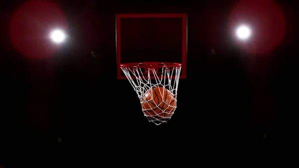 Bola Basket Melewati Keranjang Dengan Backgorund Hitam Tembakan Detail — Stok Foto