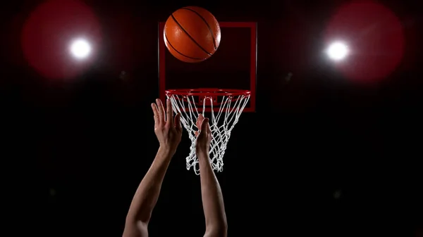 Basketball Going Basket Black Backgorund Detail Shot Man Hands Silhouette — Stock Photo, Image