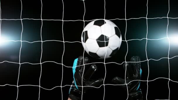 Super Slow Motion Goalkeeper Soccer Player Catching Ball Filmed High — Vídeos de Stock