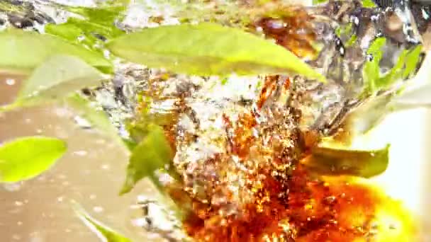 把茶倒入水的超慢速运动 呈捻形 里面有新鲜的绿叶 用高速摄像机拍摄 每秒1000英尺 — 图库视频影像