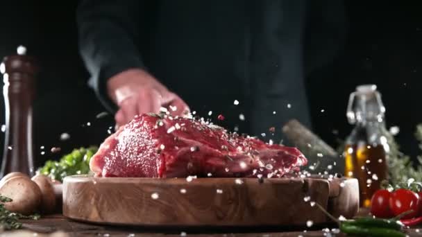 Chef Throwing Piece Raw Beef Steak Cutting Board Meat Preparation — Video