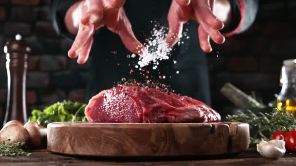Super Slow Motion Falling Spices Beef Steak Filmed High Speed — Video
