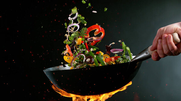 Closeup Chef Throwing Vegetable Mix Wok Pan Fire Fresh Asian Stock Picture