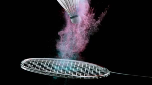Super Slow Motion Colpire Razzo Badminton Con Esplosione Polvere Girato — Video Stock