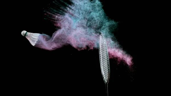Freeze Motion Badminton Racket Hitting Ball Colored Powder Explosion Isolated — Stockfoto