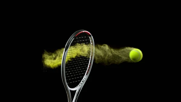 Congelar Movimiento Raqueta Tenis Golpeando Pelota Con Explosión Polvo Colores —  Fotos de Stock